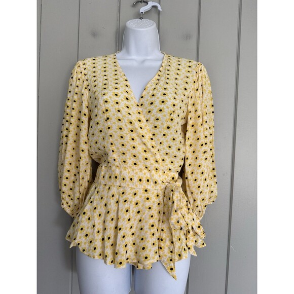 Ganni Floral Print Wrap Blouse Top Maize Yellow Long Sleeve Summer Peplum 34 - Picture 1 of 6
